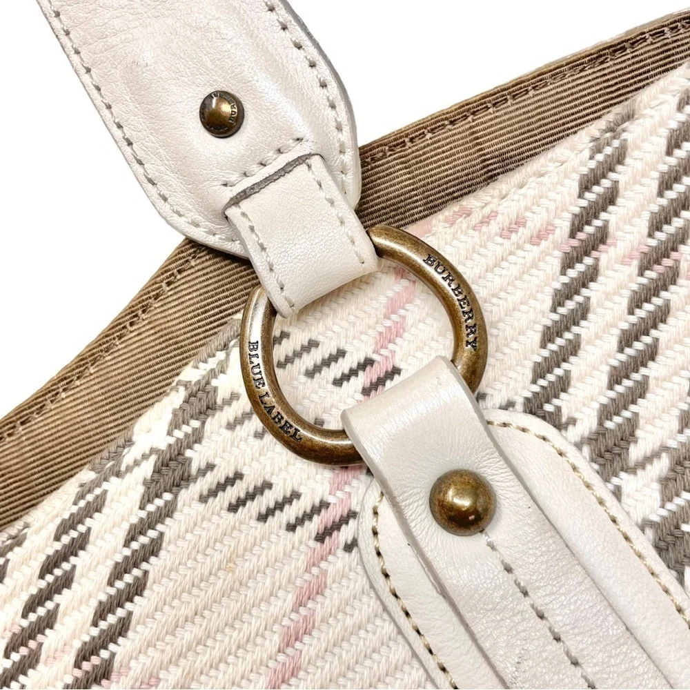 Y2K Burberry Blue Label Cream Cotton and Leather Plaid Satchel Shoulder Bag - Picture 8 of 15